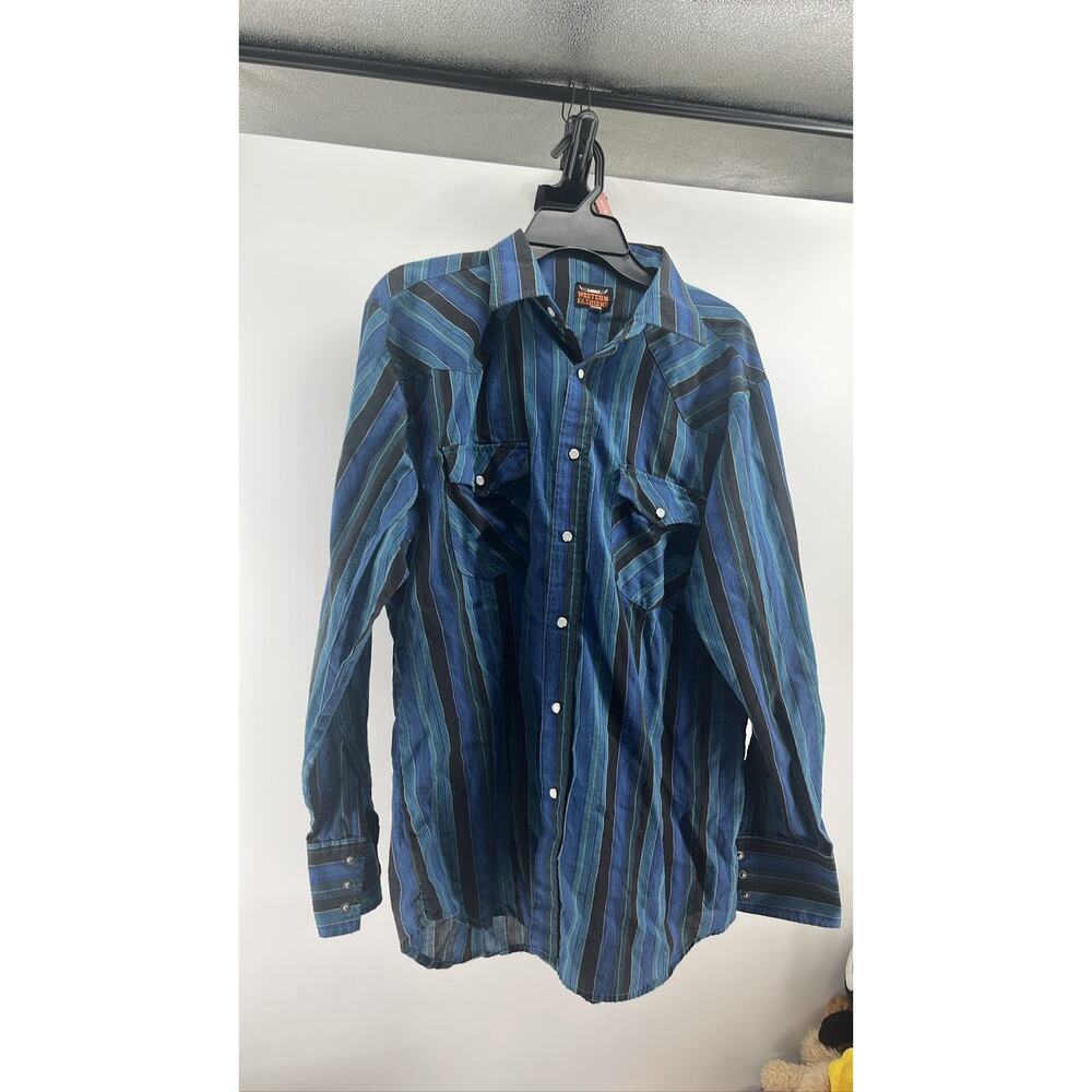 Western Fashions Men's L Blue Striped Pearl Snap Shirt